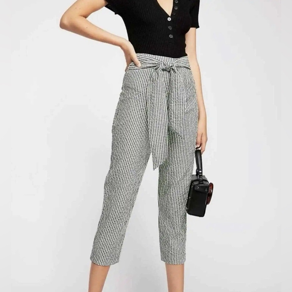 Free People West Side Tie Black White Gingham Check Seersucker Cropped Pants